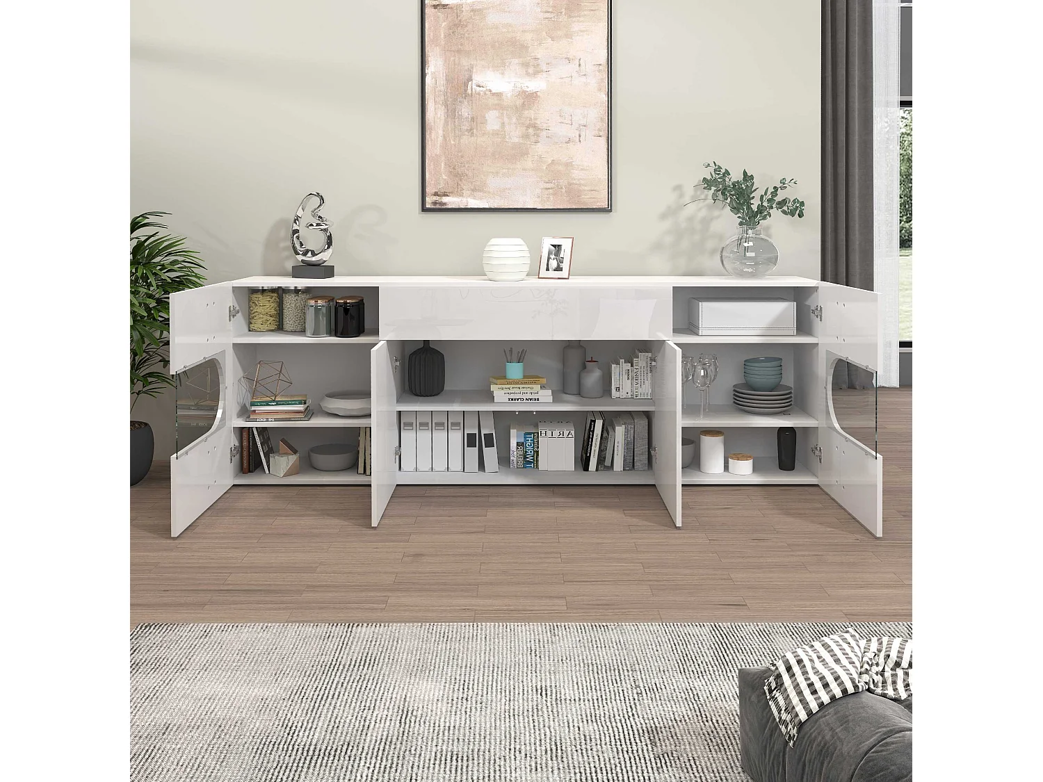 Credenza Real 4 ante 1 cassetto e inserti in vetro espositivi bianco lucido 220x40x80 cm