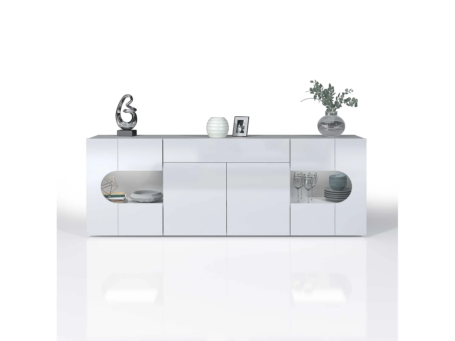 Credenza Real 4 ante 1 cassetto e inserti in vetro espositivi bianco lucido 220x40x80 cm