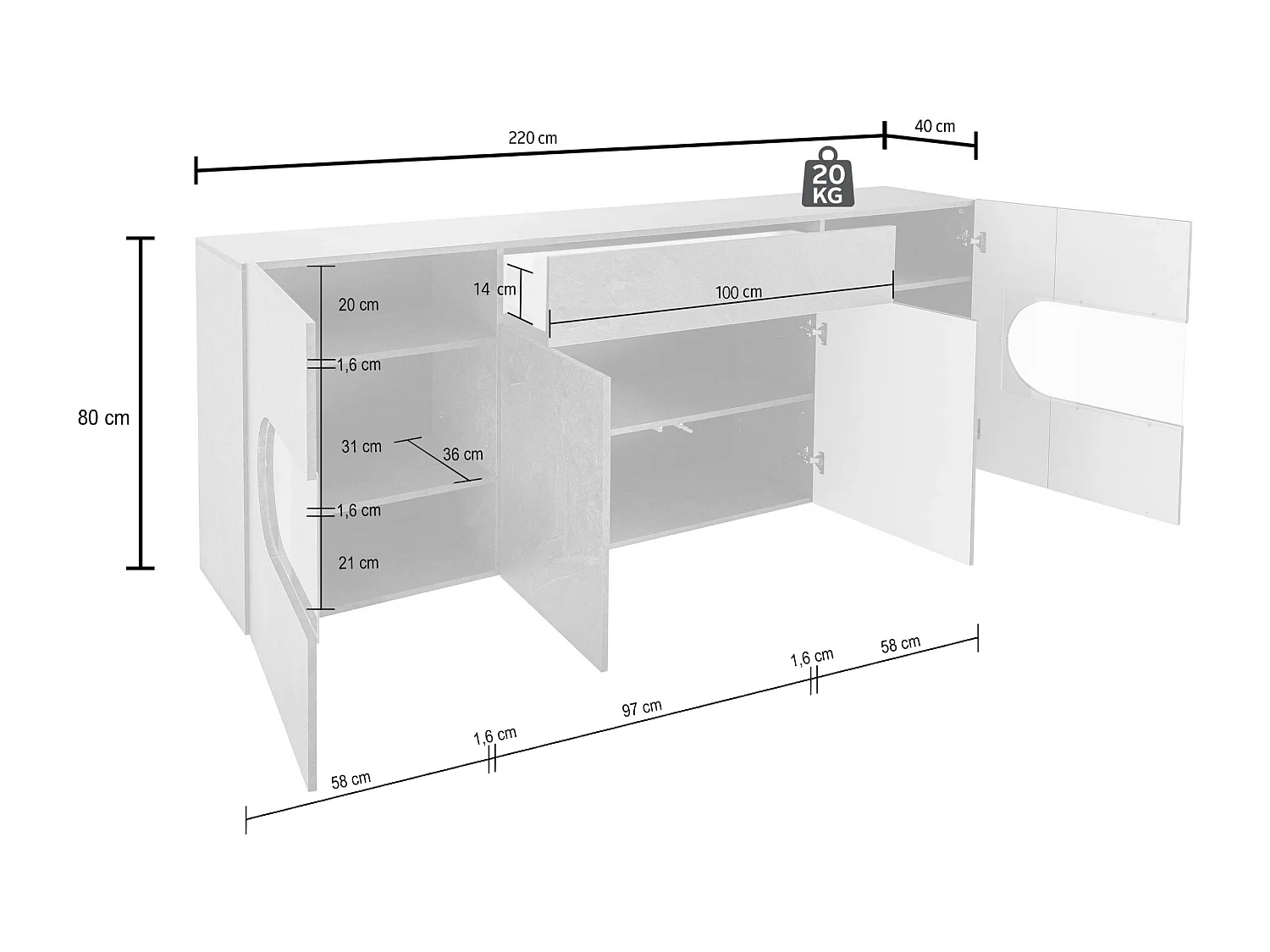 Credenza Real 4 ante 1 cassetto e inserti in vetro espositivi bianco lucido 220x40x80 cm