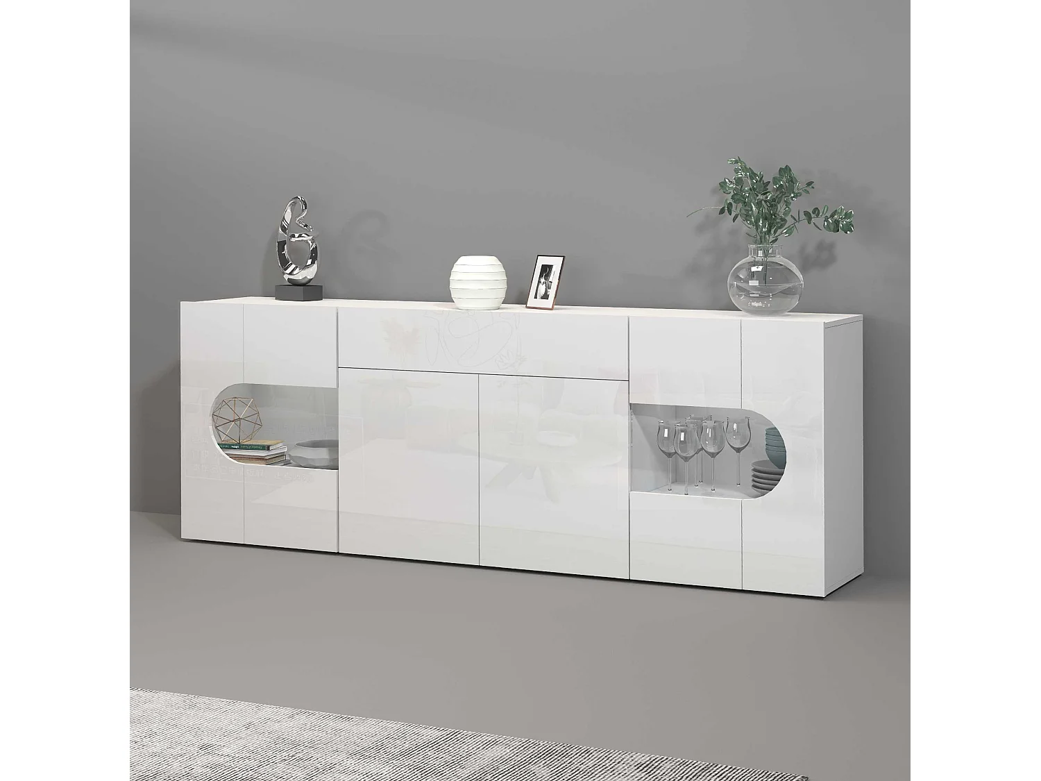 Credenza Real 4 ante 1 cassetto e inserti in vetro espositivi bianco lucido 220x40x80 cm