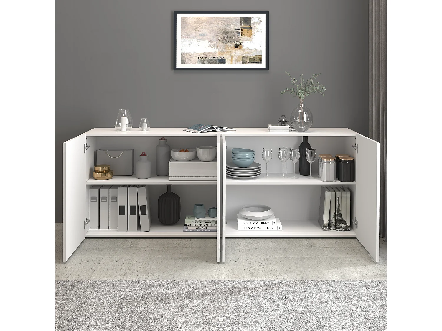 Aparador Egypt con 4 puertas y 4 compartimentos blanco brillo 180x38x70 cm