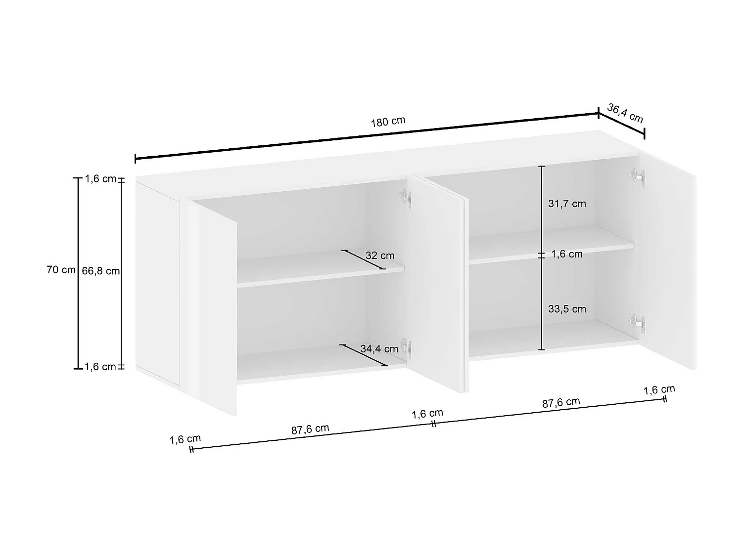 Aparador Egypt con 4 puertas y 4 compartimentos blanco brillo 180x38x70 cm
