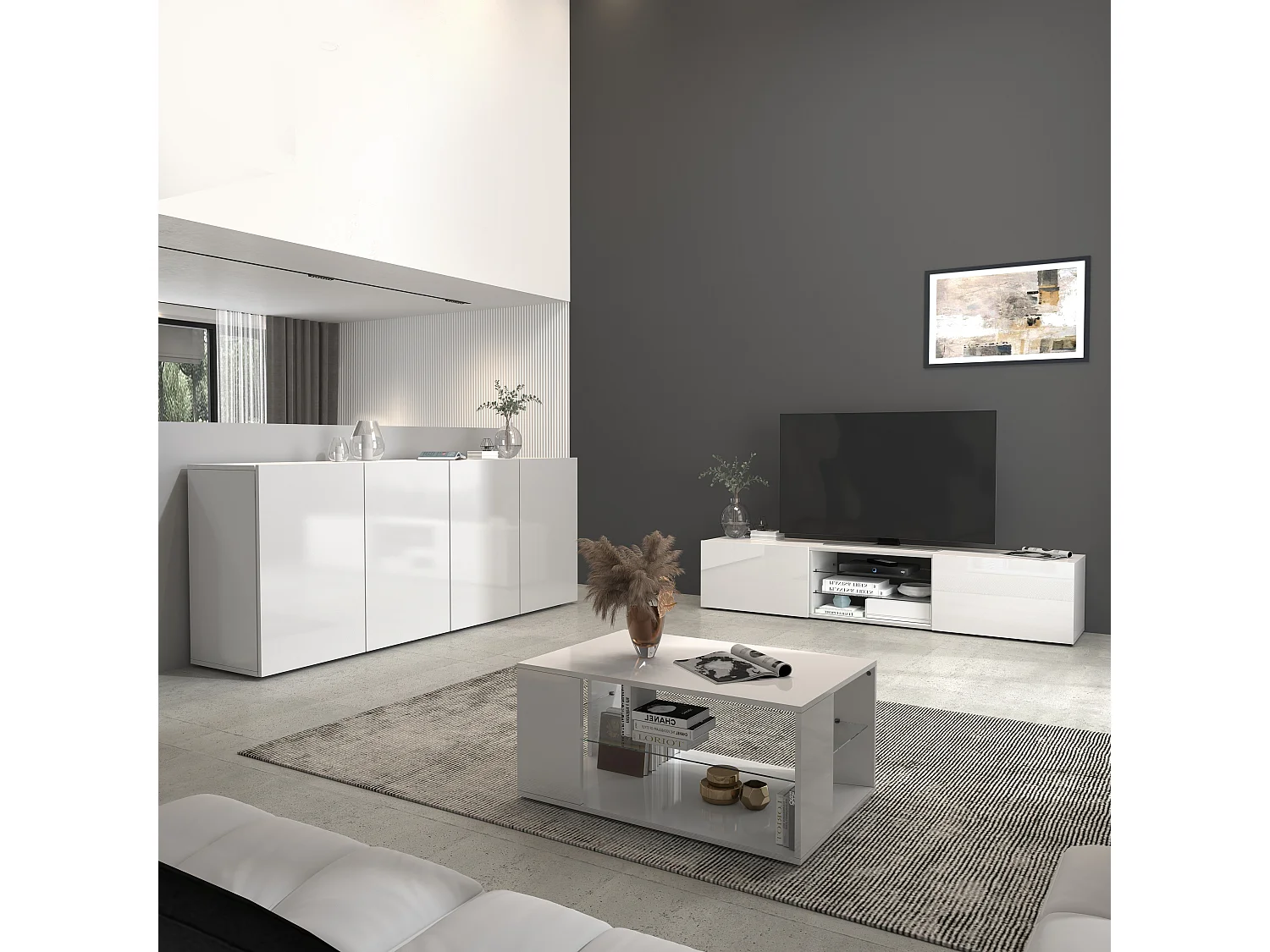 Aparador Egypt con 4 puertas y 4 compartimentos blanco brillo 180x38x70 cm