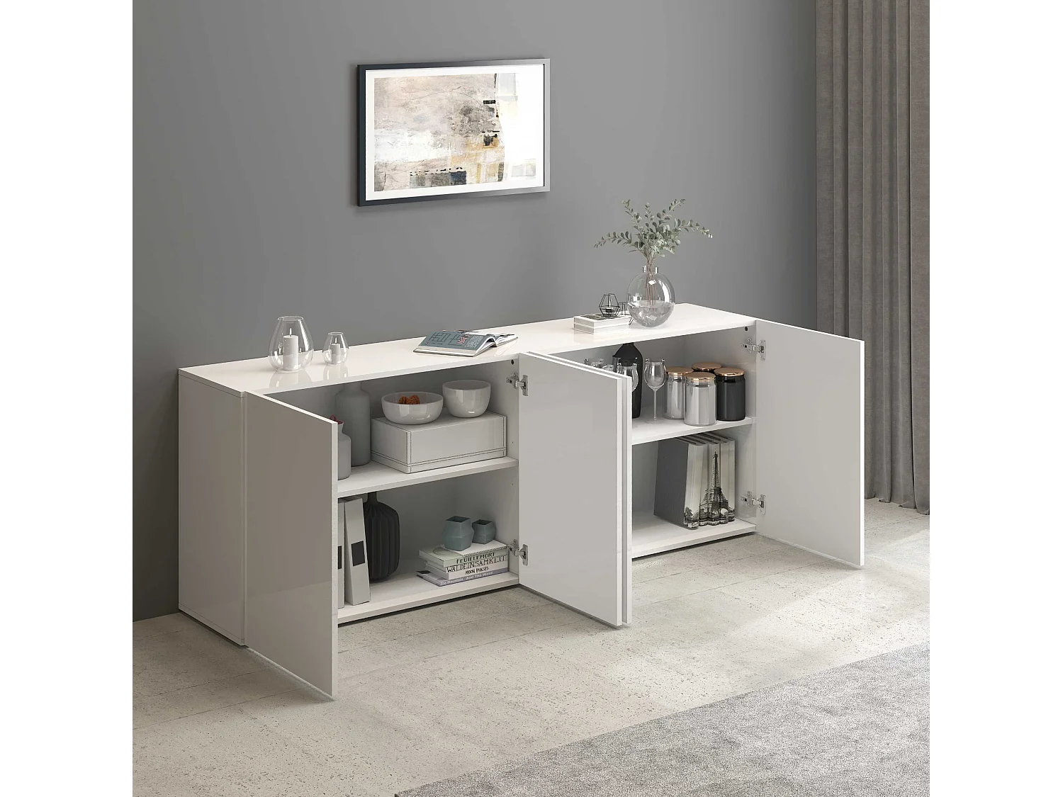 Aparador Egypt con 4 puertas y 4 compartimentos blanco brillo 180x38x70 cm