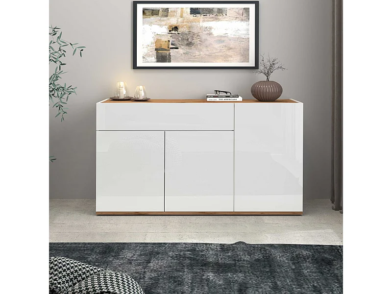 Credenza Garda 3 ante e 1 cassetto bianco lucido e rovere 120,1x35x70 cm