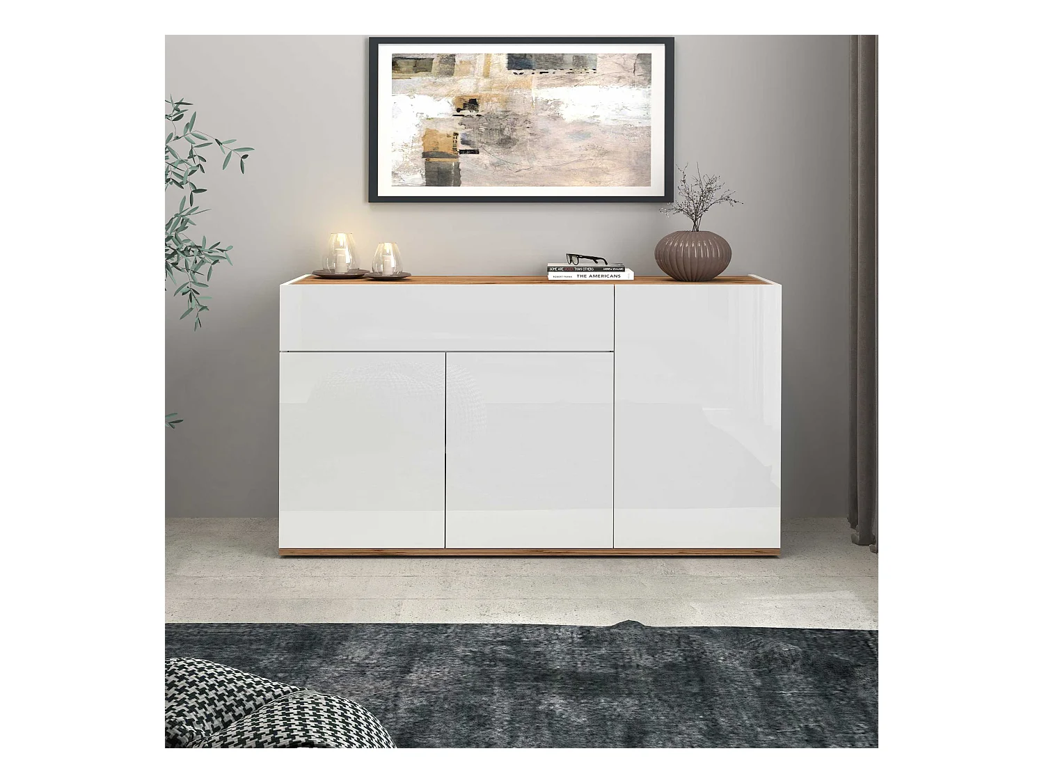 Credenza Garda 3 ante e 1 cassetto bianco lucido e rovere 120,1x35x70 cm