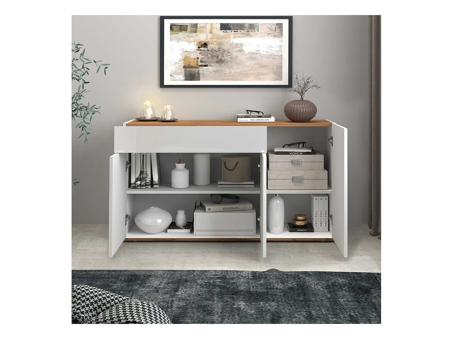 Credenza Garda 3 ante e 1 cassetto bianco lucido e rovere 120,1x35x70 cm