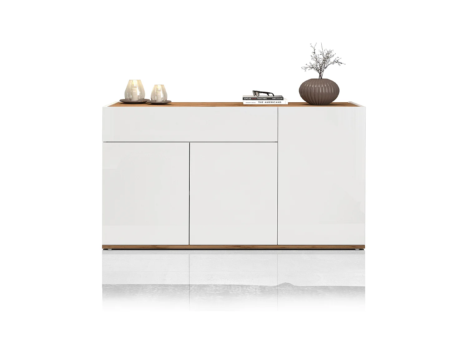 Credenza Garda 3 ante e 1 cassetto bianco lucido e rovere 120,1x35x70 cm