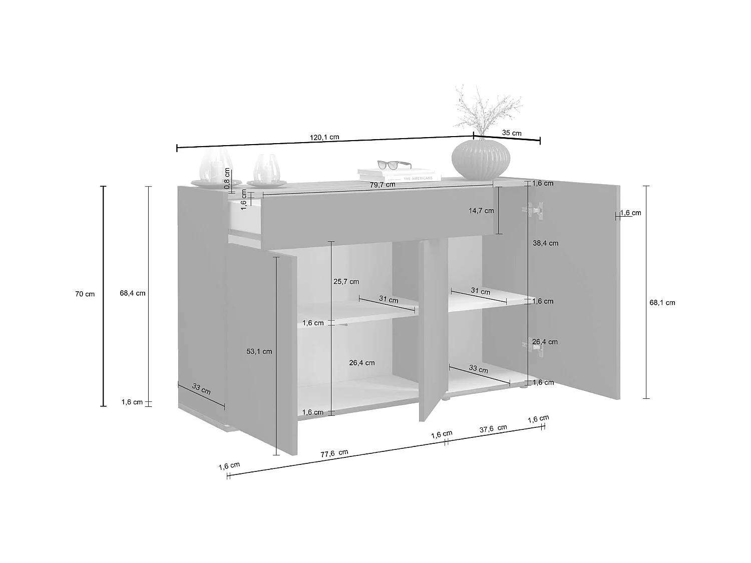 Credenza Garda 3 ante e 1 cassetto bianco lucido e rovere 120,1x35x70 cm