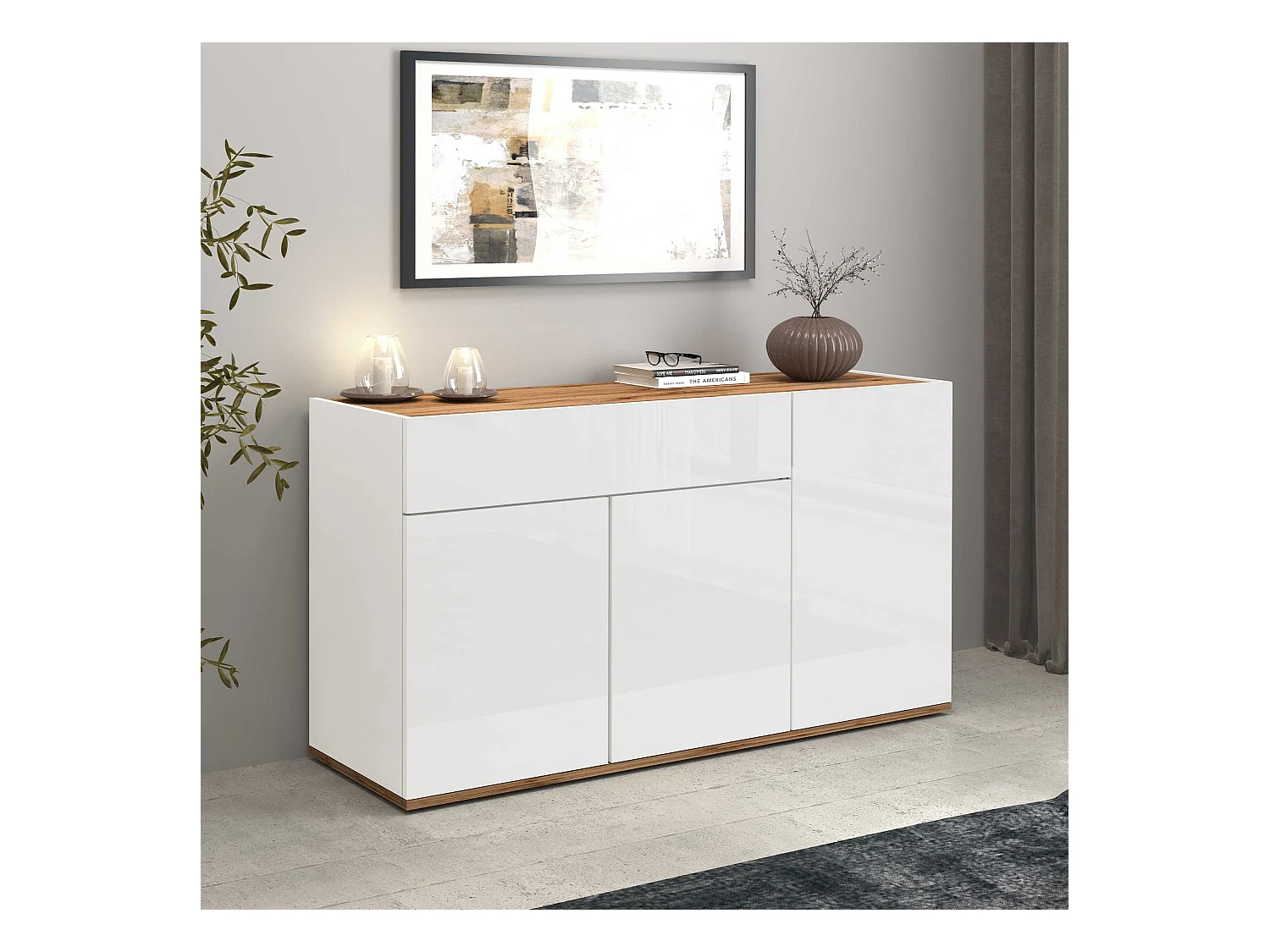 Credenza Garda 3 ante e 1 cassetto bianco lucido e rovere 120,1x35x70 cm