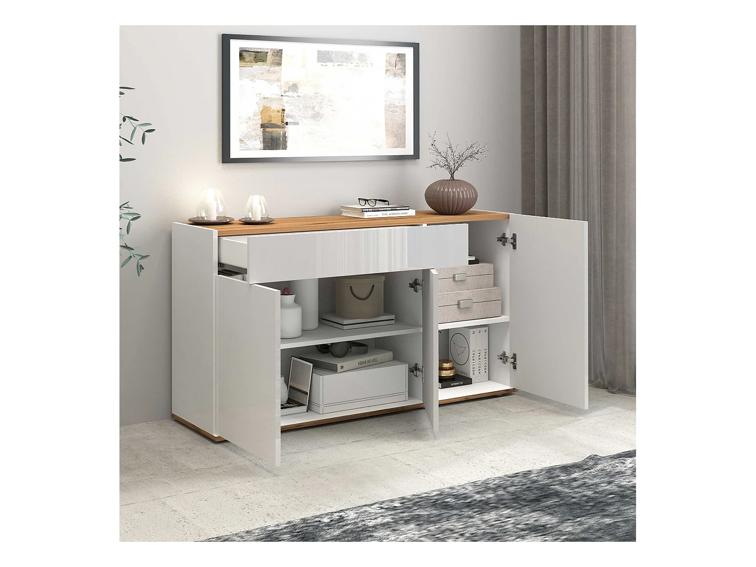 Credenza Garda 3 ante e 1 cassetto bianco lucido e rovere 120,1x35x70 cm