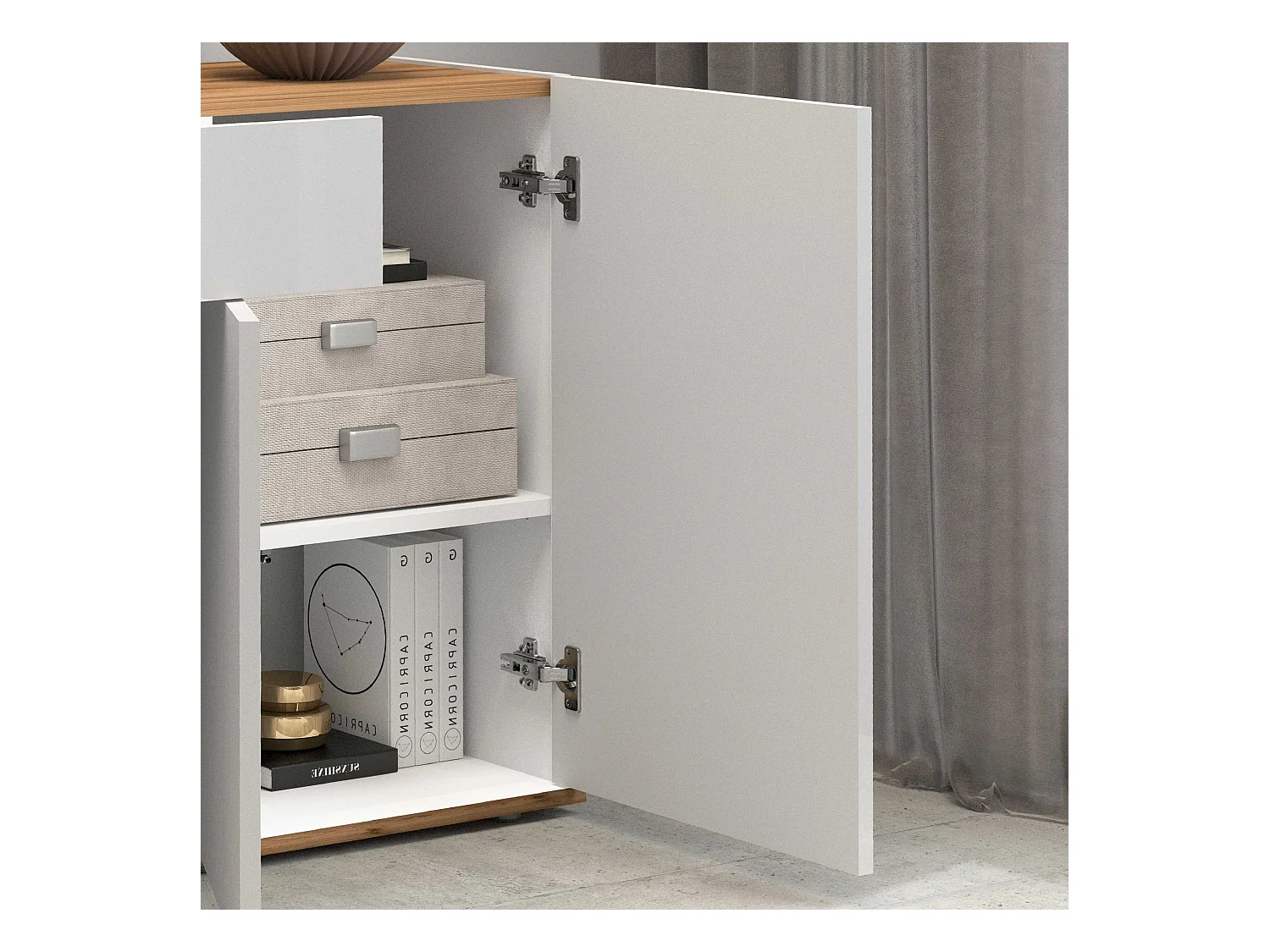 Credenza Garda 3 ante e 1 cassetto bianco lucido e rovere 120,1x35x70 cm