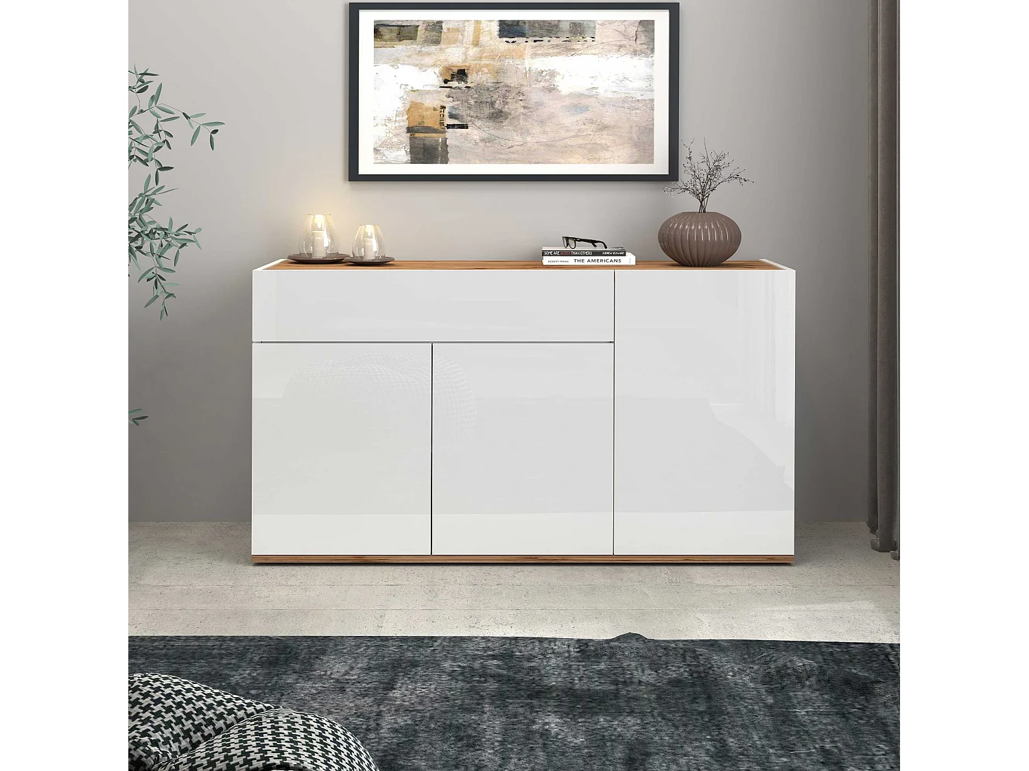 Credenza Garda 3 ante e 1 cassetto bianco lucido e rovere 120,1x35x70 cm