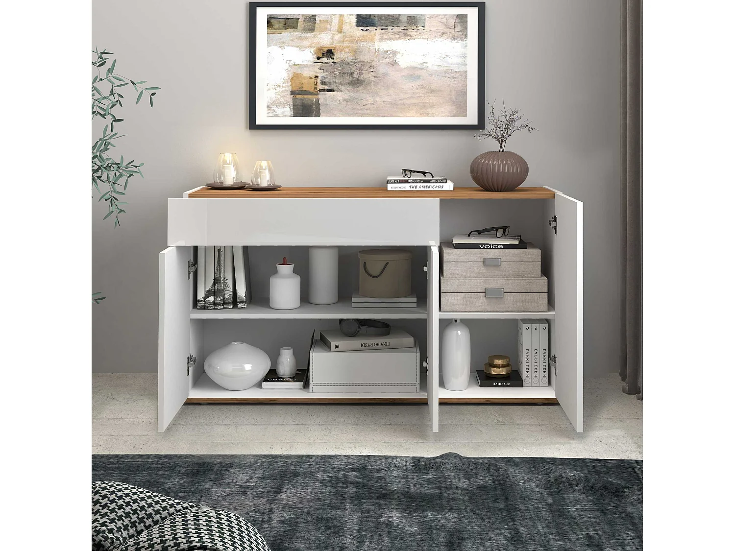 Credenza Garda 3 ante e 1 cassetto bianco lucido e rovere 120,1x35x70 cm