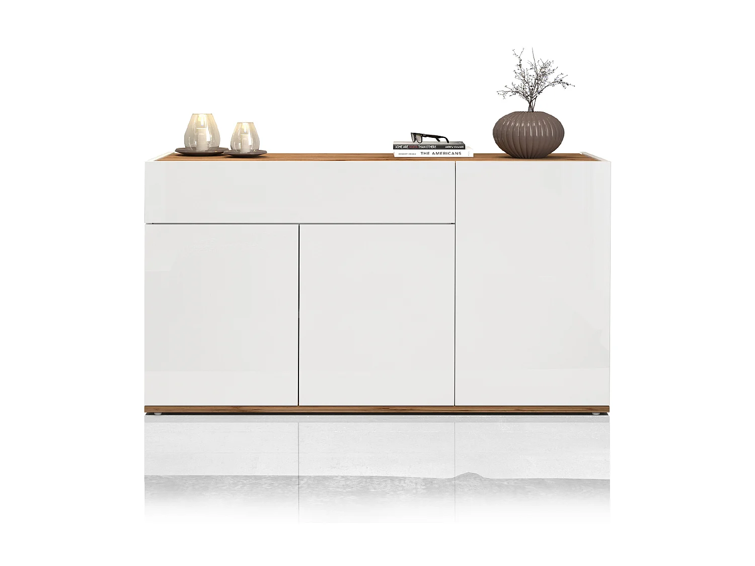 Credenza Garda 3 ante e 1 cassetto bianco lucido e rovere 120,1x35x70 cm