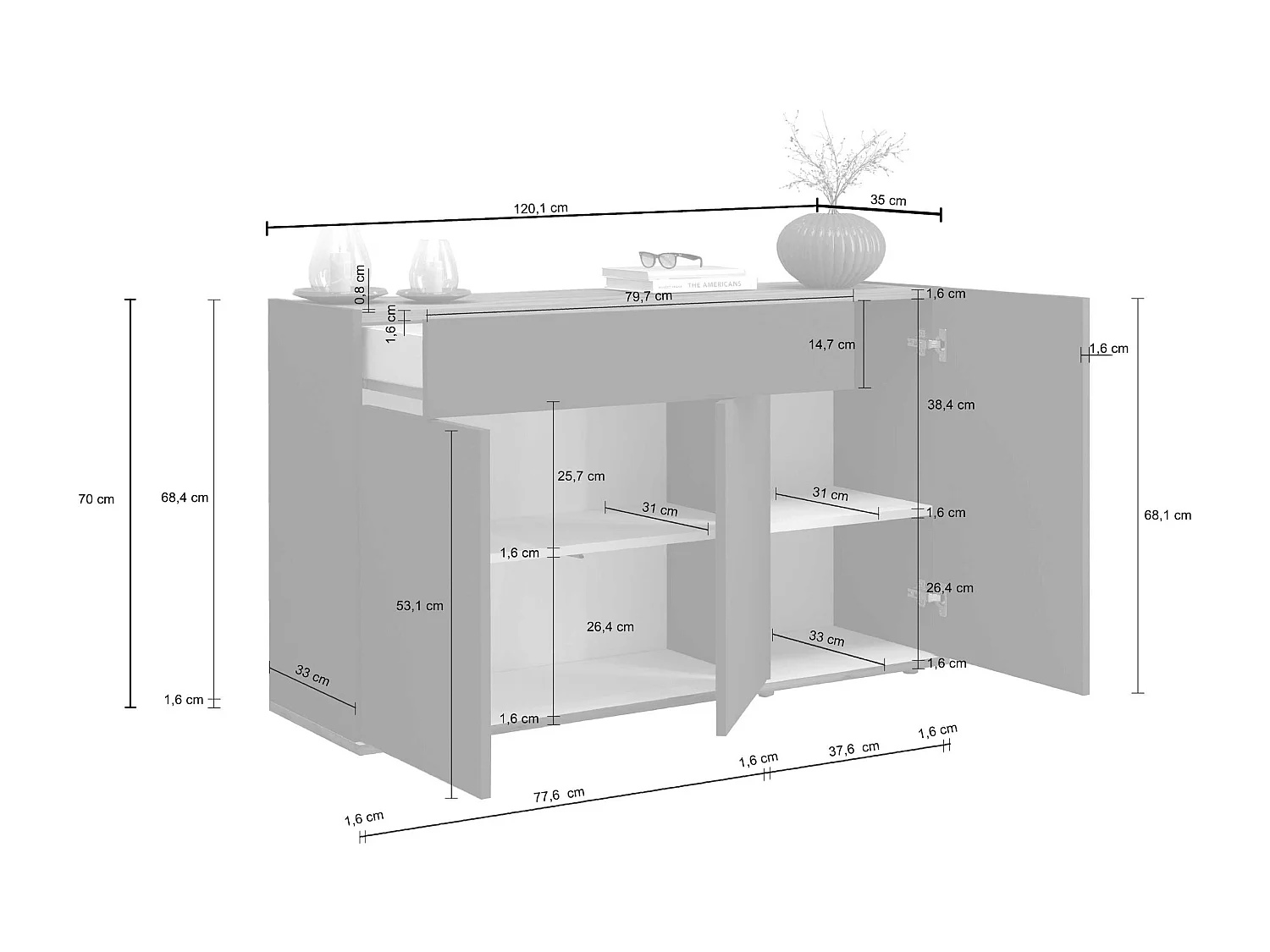Credenza Garda 3 ante e 1 cassetto bianco lucido e rovere 120,1x35x70 cm