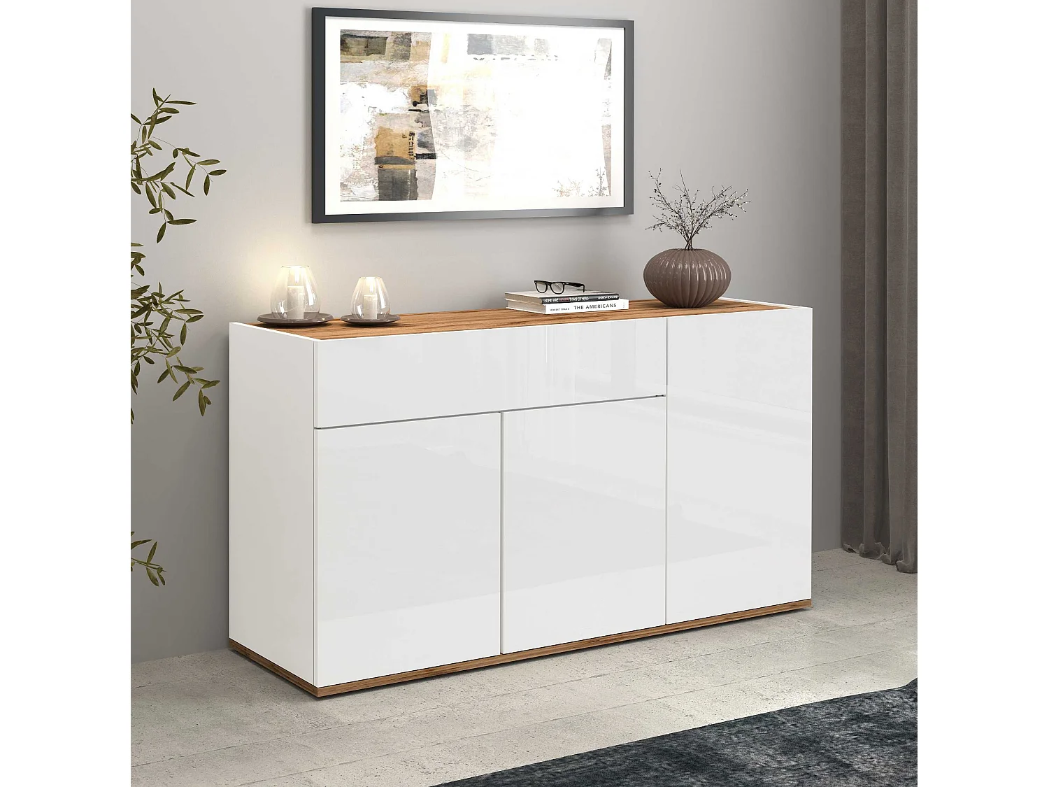 Credenza Garda 3 ante e 1 cassetto bianco lucido e rovere 120,1x35x70 cm