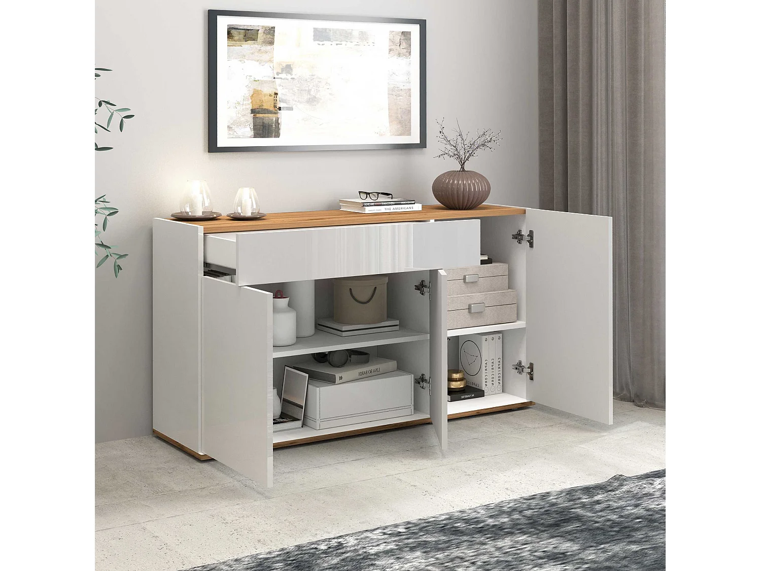 Credenza Garda 3 ante e 1 cassetto bianco lucido e rovere 120,1x35x70 cm