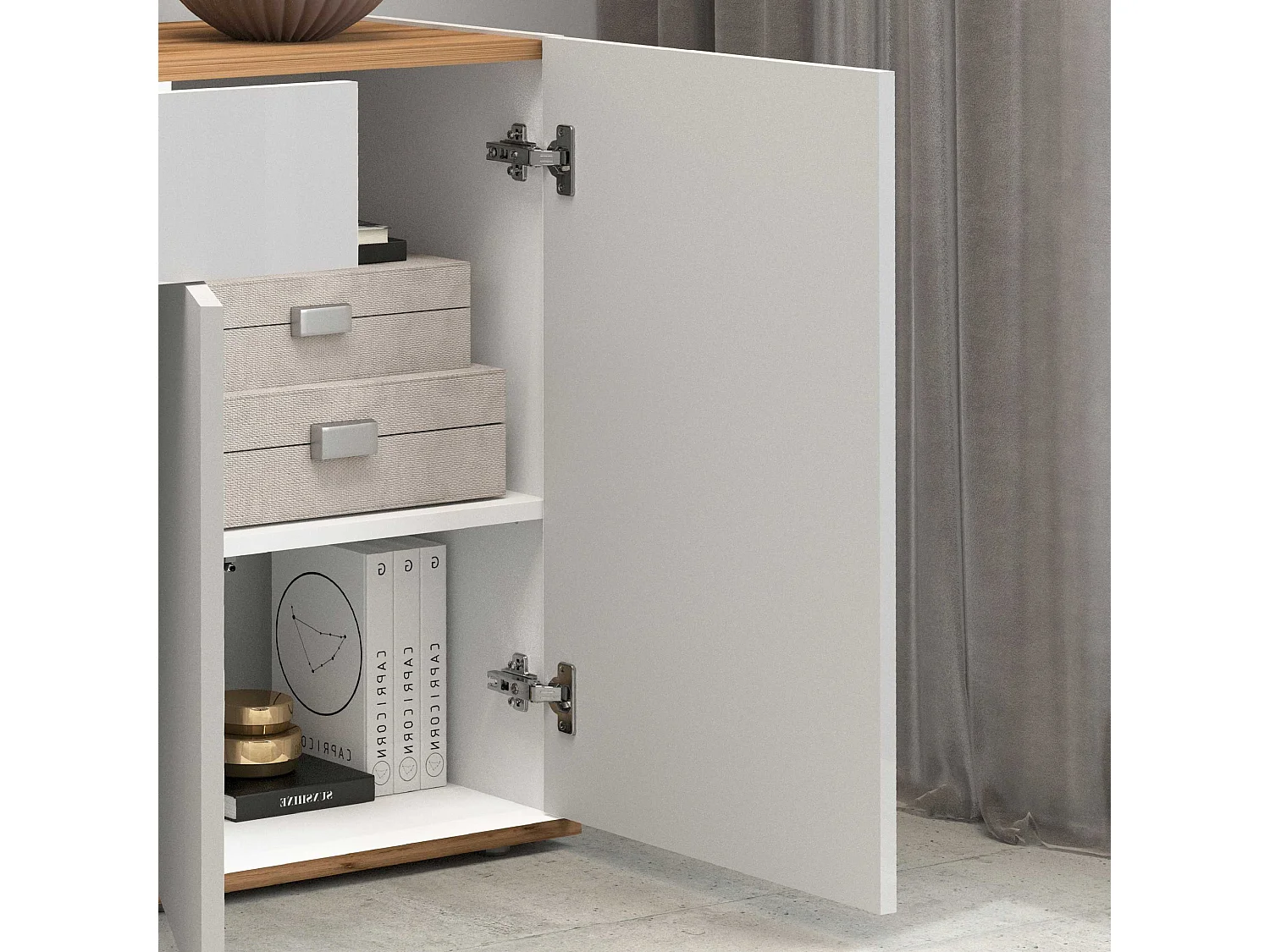 Credenza Garda 3 ante e 1 cassetto bianco lucido e rovere 120,1x35x70 cm