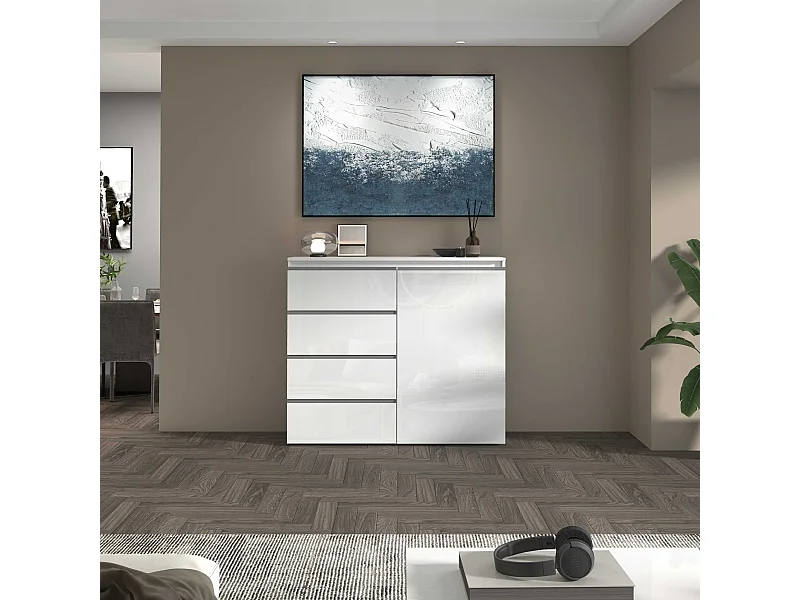 Credenza a cassettiera Magic 1 anta e 3 cassetti bianco lucido 120x40x105 cm