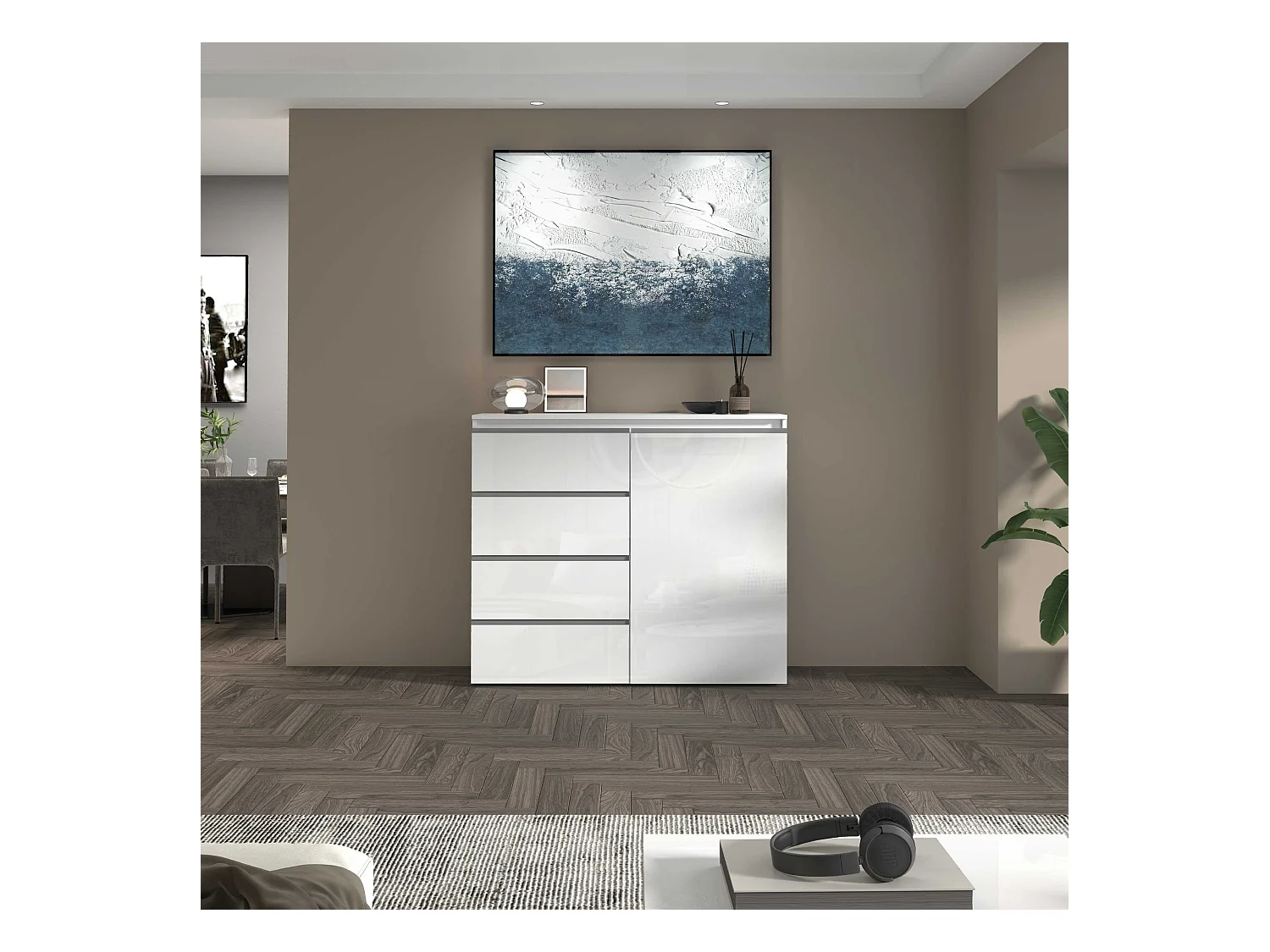 Credenza a cassettiera Magic 1 anta e 3 cassetti bianco lucido 120x40x105 cm