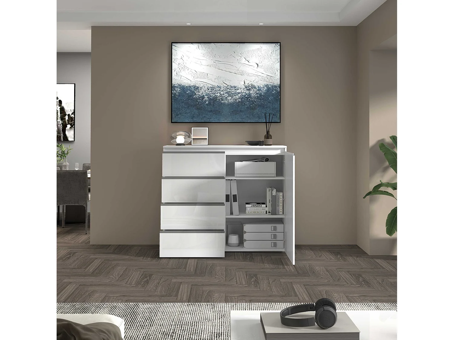 Credenza a cassettiera Magic 1 anta e 3 cassetti bianco lucido 120x40x105 cm