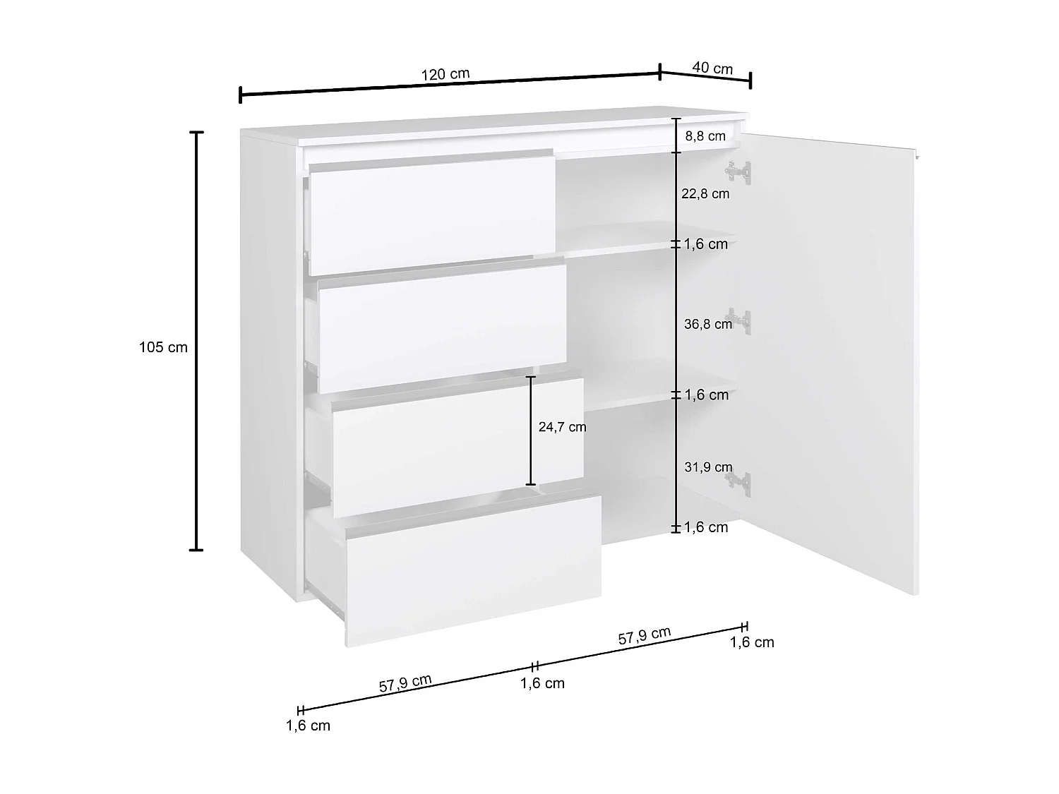 Credenza a cassettiera Magic 1 anta e 3 cassetti bianco lucido 120x40x105 cm
