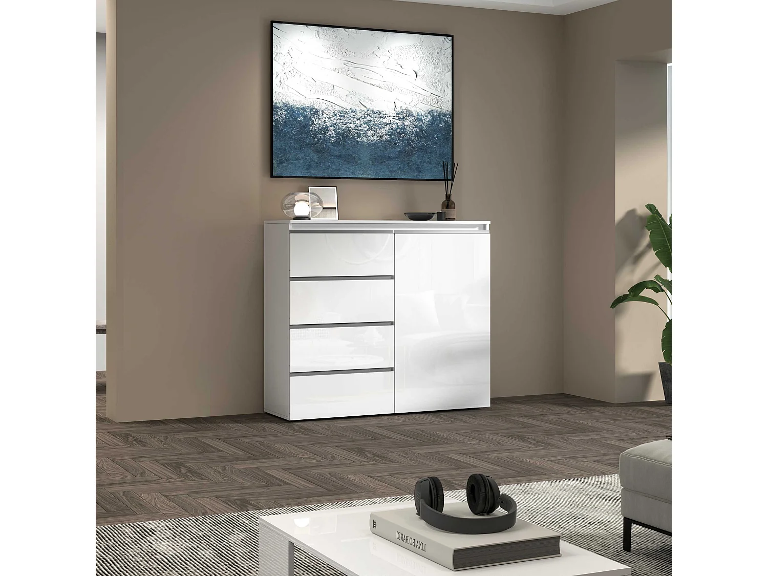Credenza a cassettiera Magic 1 anta e 3 cassetti bianco lucido 120x40x105 cm