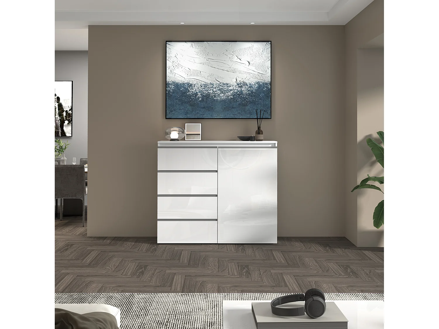 Credenza a cassettiera Magic 1 anta e 3 cassetti bianco lucido 120x40x105 cm