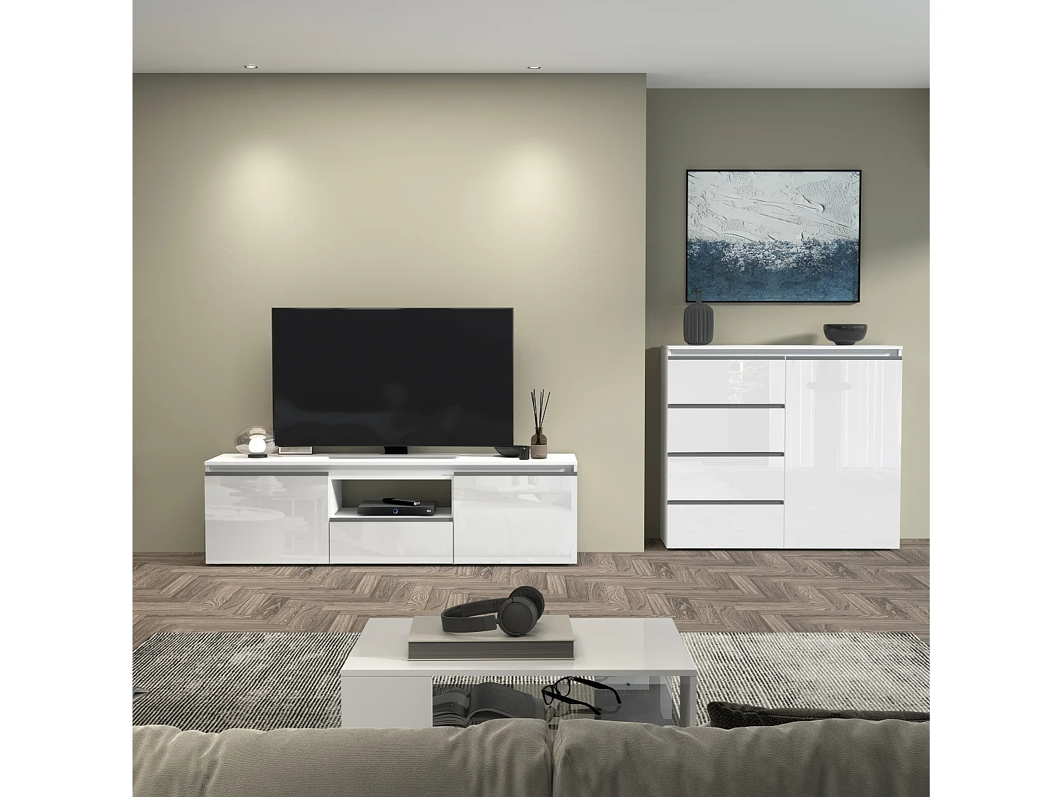 Credenza a cassettiera Magic 1 anta e 3 cassetti bianco lucido 120x40x105 cm