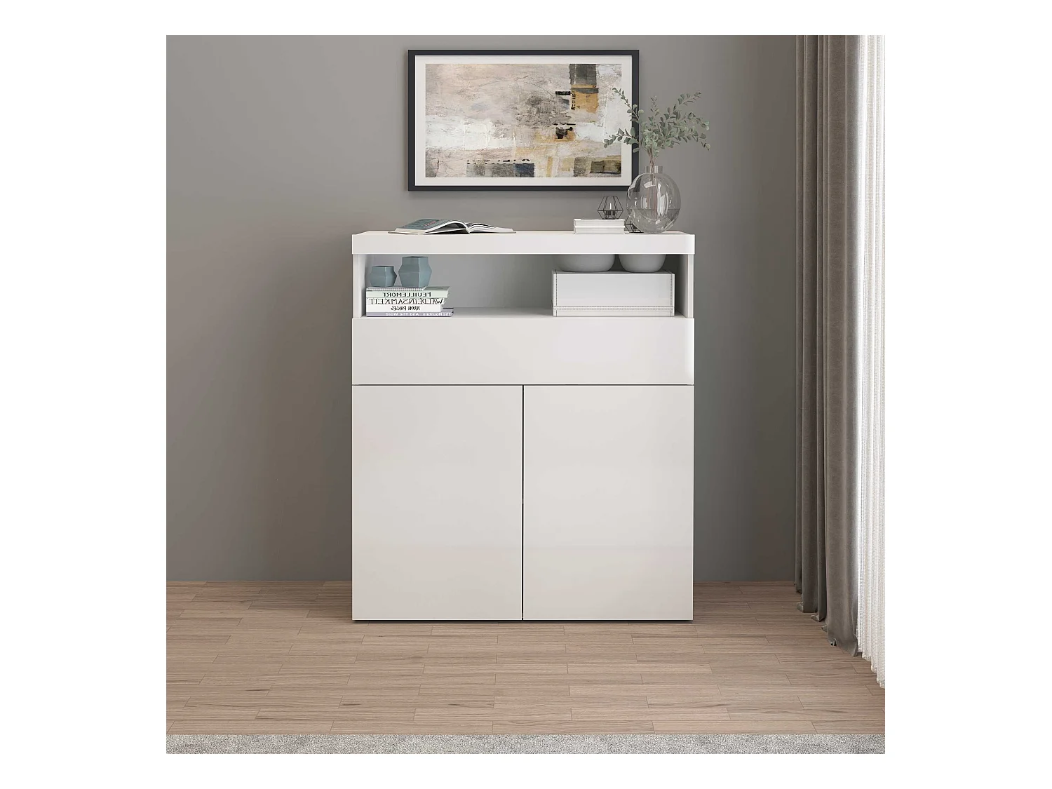 Credenza Potenza con 2 ante e 1 cassetto bianco lucido 100x40x121,5 cm