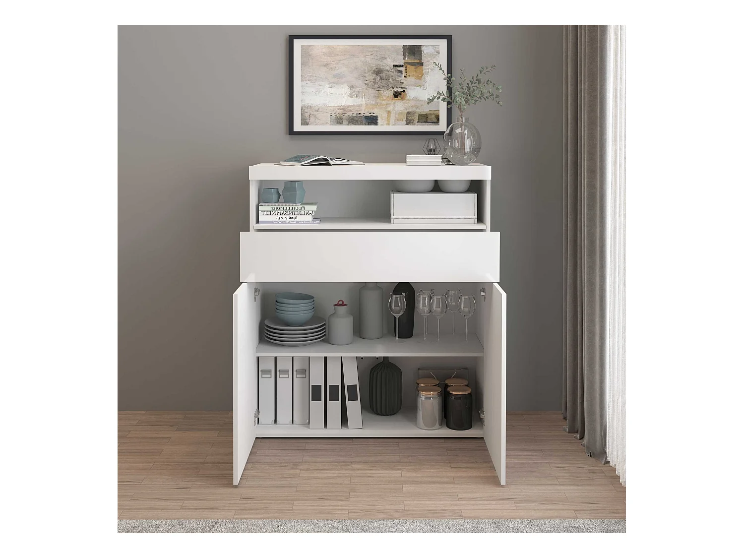 Credenza Potenza con 2 ante e 1 cassetto bianco lucido 100x40x121,5 cm