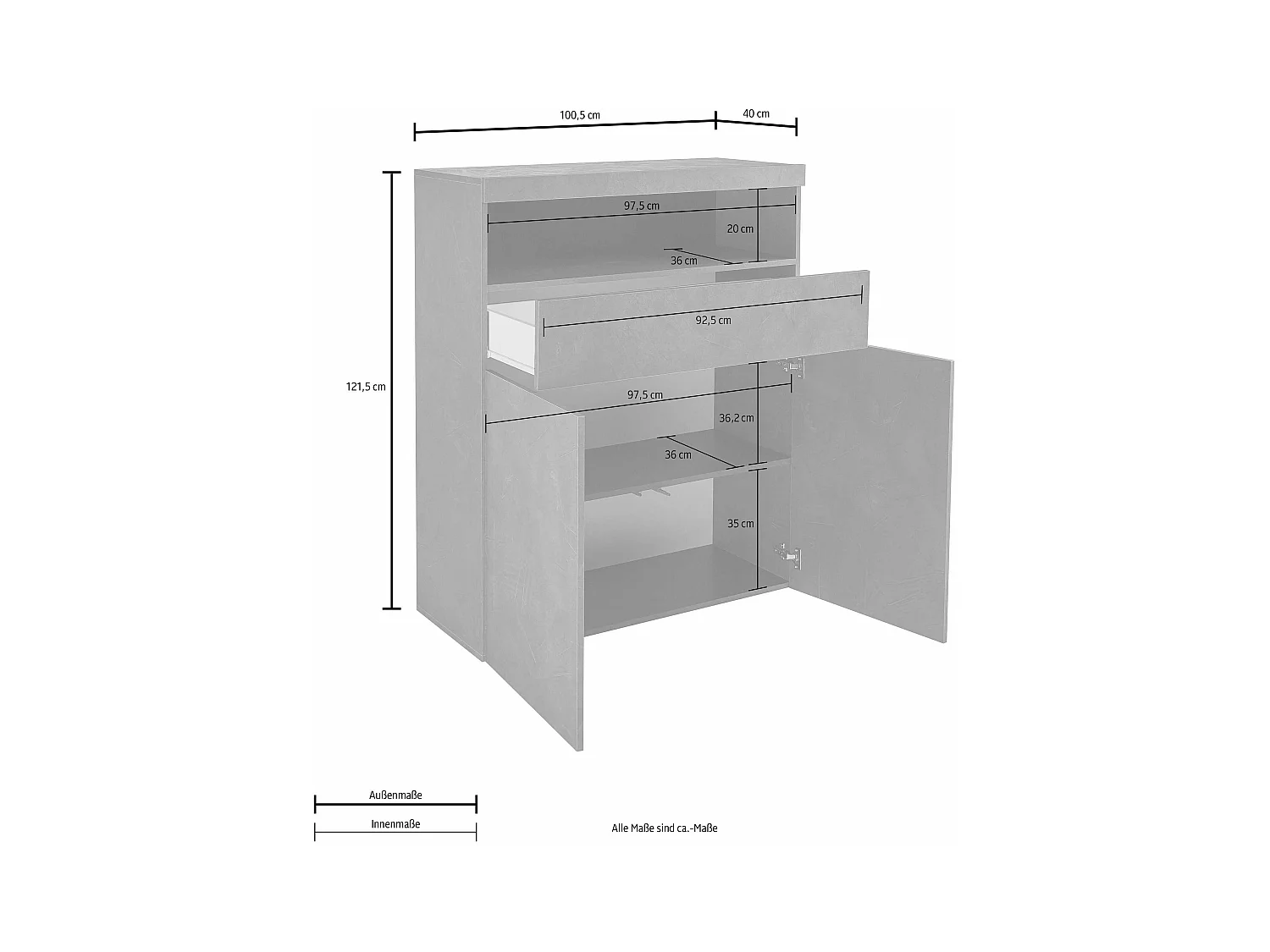 Credenza Potenza con 2 ante e 1 cassetto bianco lucido 100x40x121,5 cm