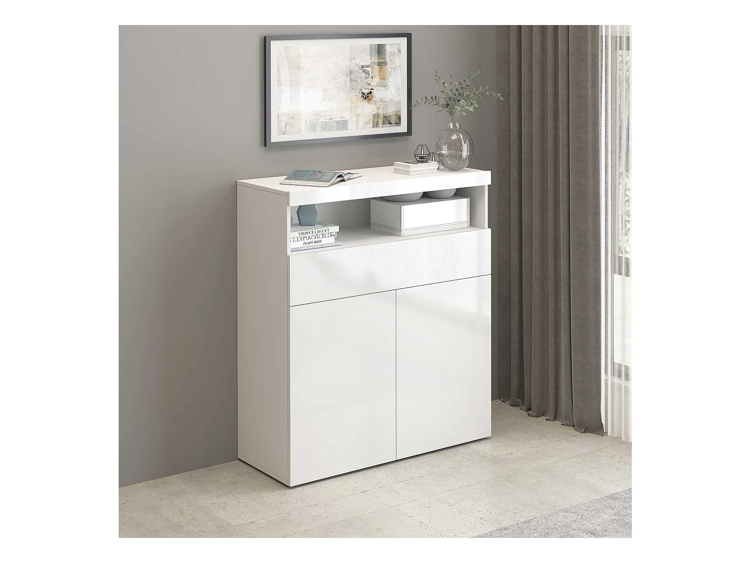 Credenza Potenza con 2 ante e 1 cassetto bianco lucido 100x40x121,5 cm