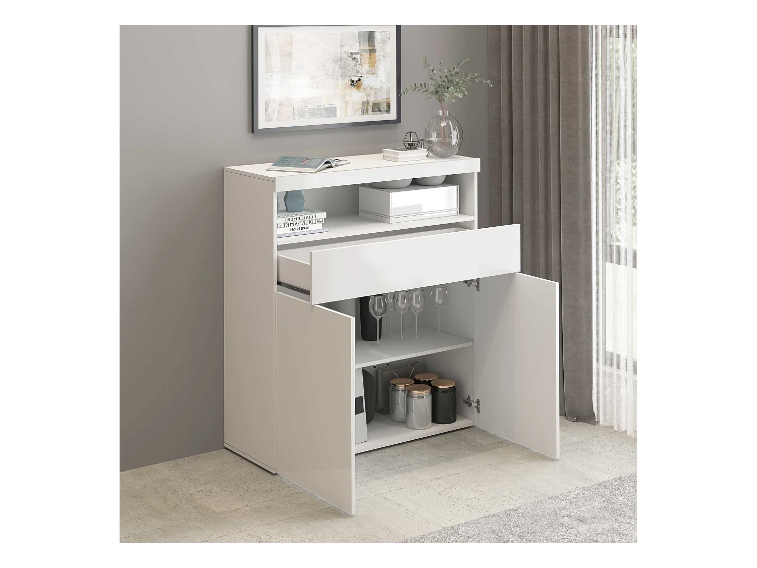 Credenza Potenza con 2 ante e 1 cassetto bianco lucido 100x40x121,5 cm