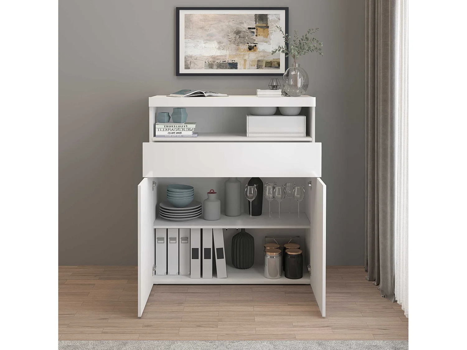 Credenza Potenza con 2 ante e 1 cassetto bianco lucido 100x40x121,5 cm