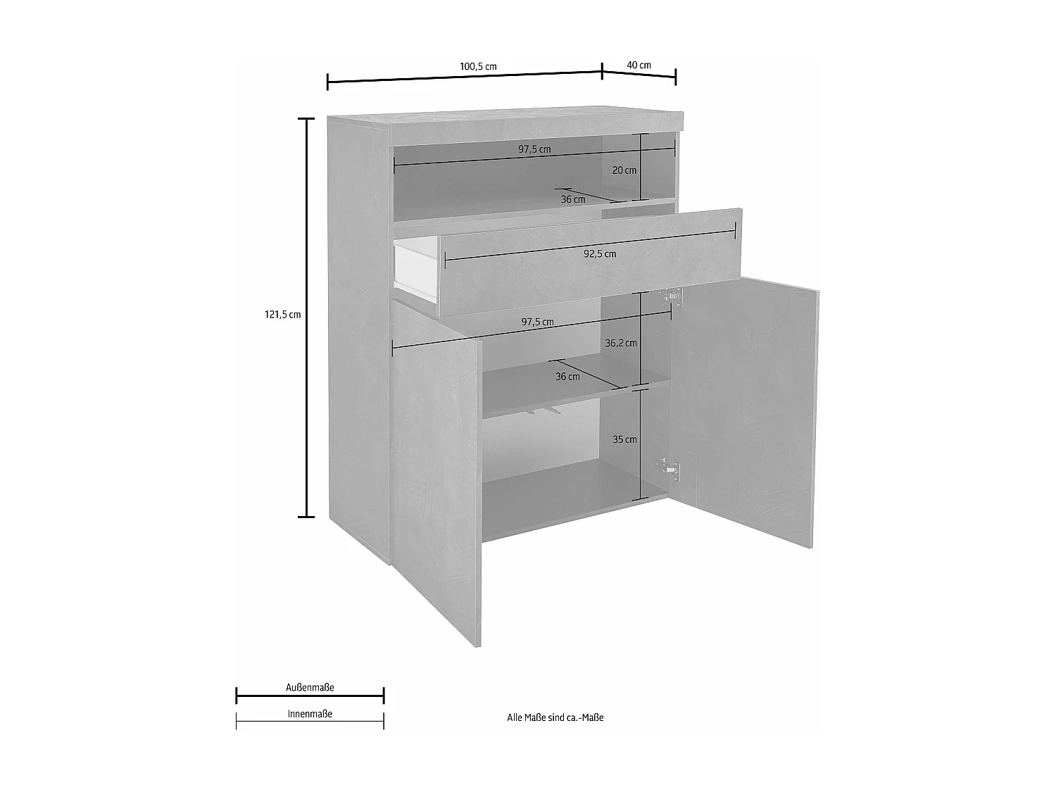 Credenza Potenza con 2 ante e 1 cassetto bianco lucido 100x40x121,5 cm