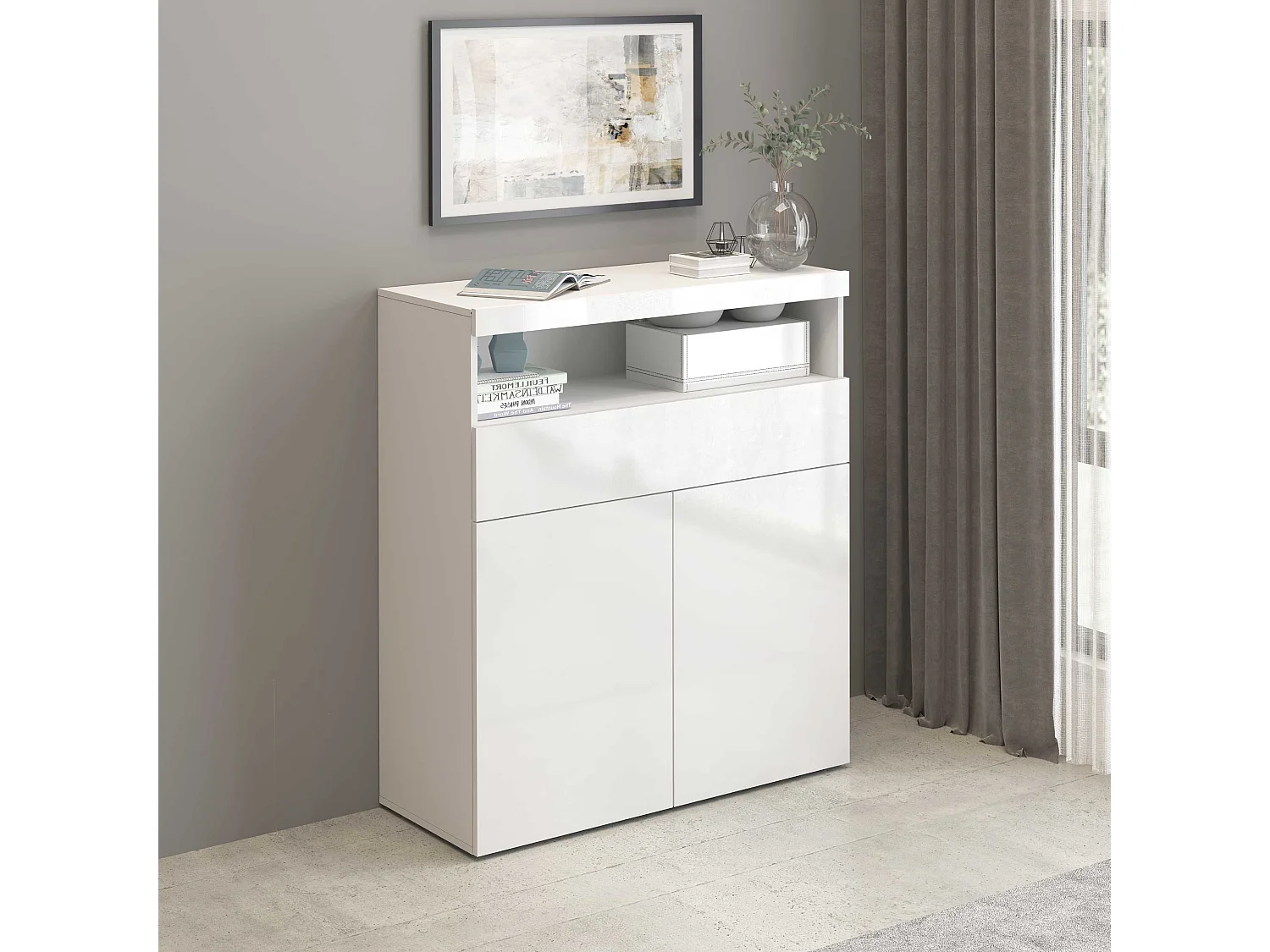 Credenza Potenza con 2 ante e 1 cassetto bianco lucido 100x40x121,5 cm