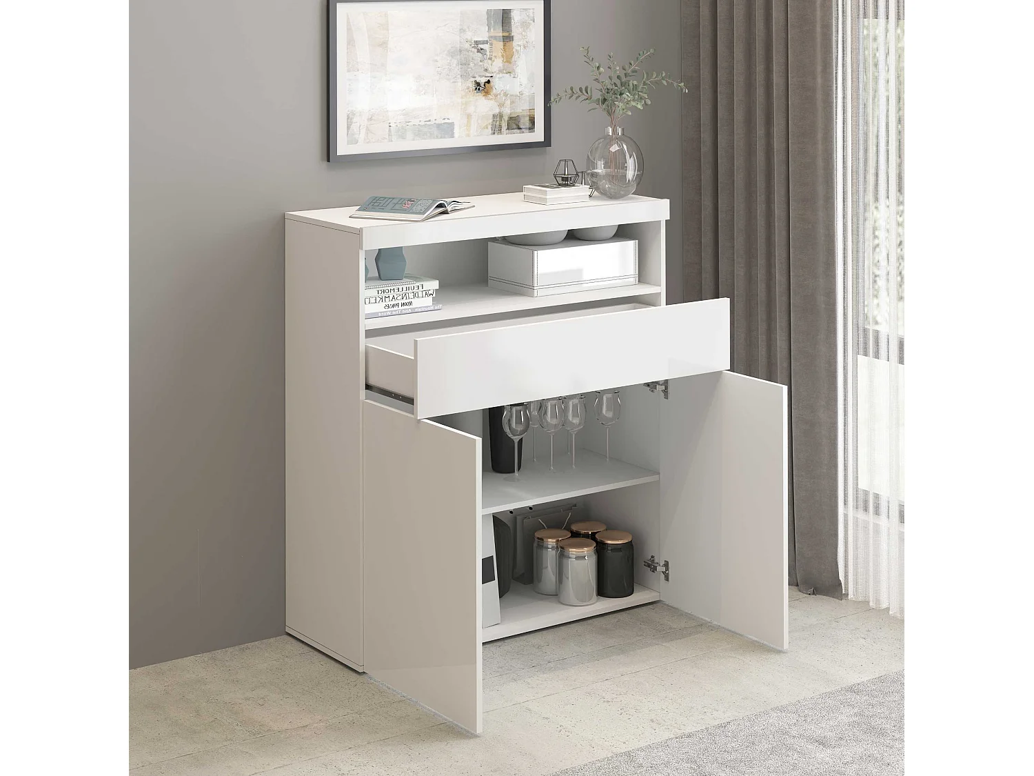 Credenza Potenza con 2 ante e 1 cassetto bianco lucido 100x40x121,5 cm