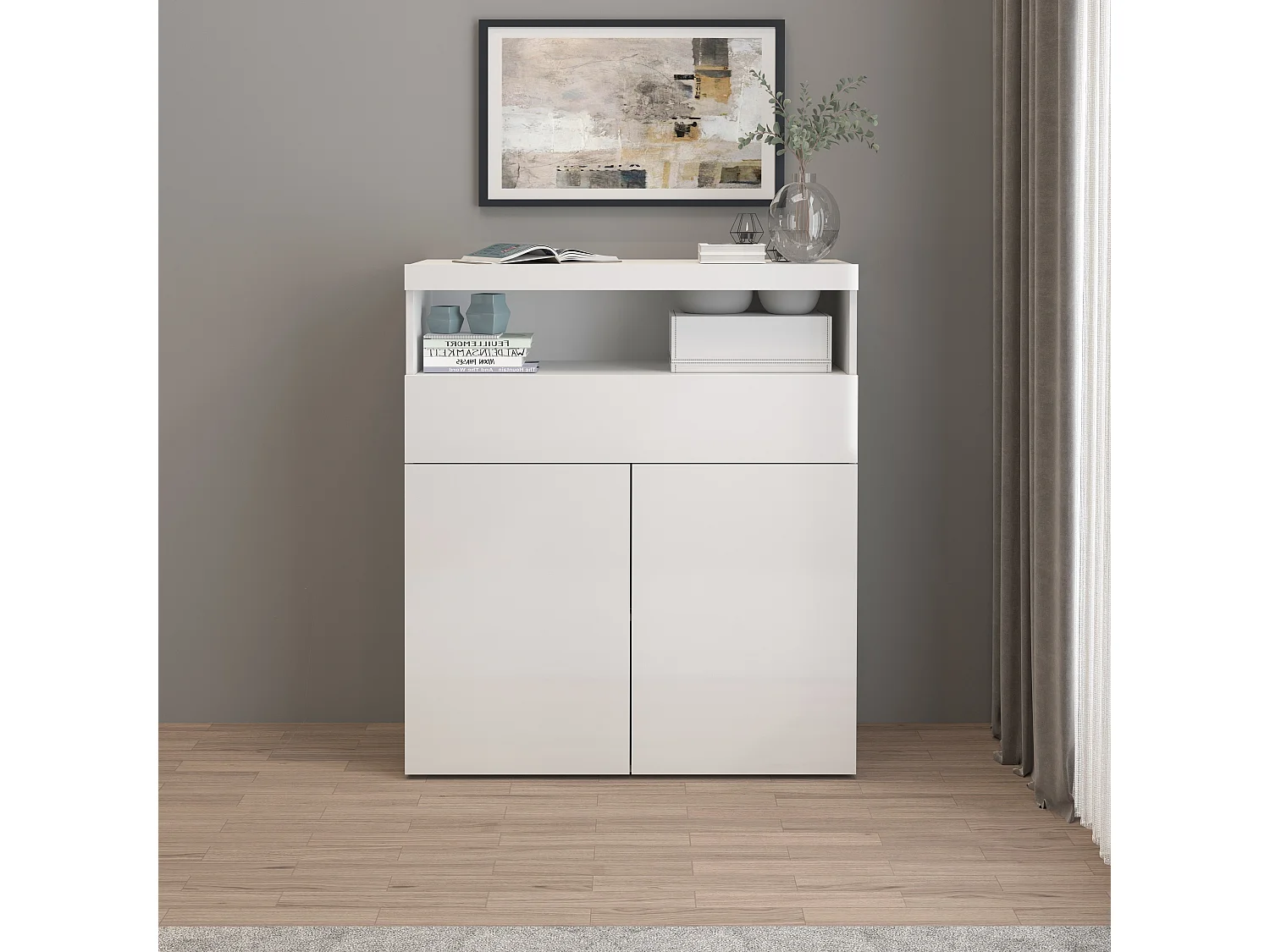 Credenza Potenza con 2 ante e 1 cassetto bianco lucido 100x40x121,5 cm