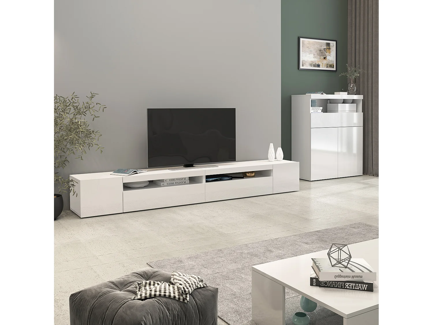 Credenza Potenza con 2 ante e 1 cassetto bianco lucido 100x40x121,5 cm