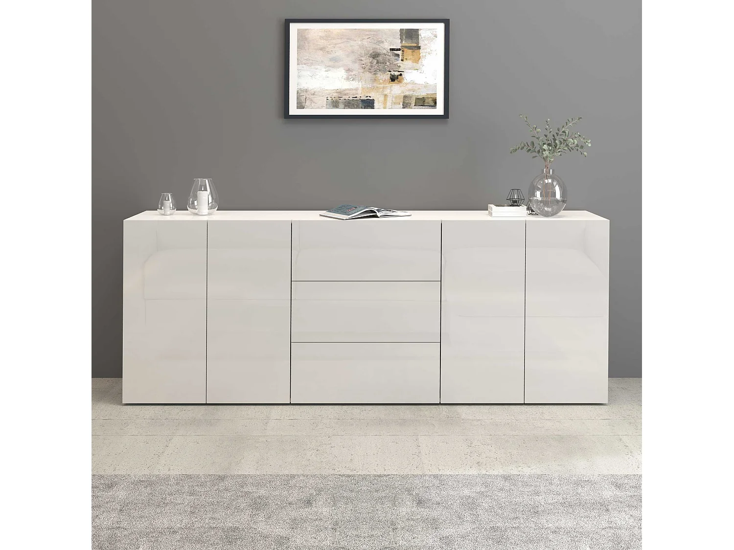 Credenza Egypt a 4 ante e 3 cassetti bianco lucido 200x40x80 cm