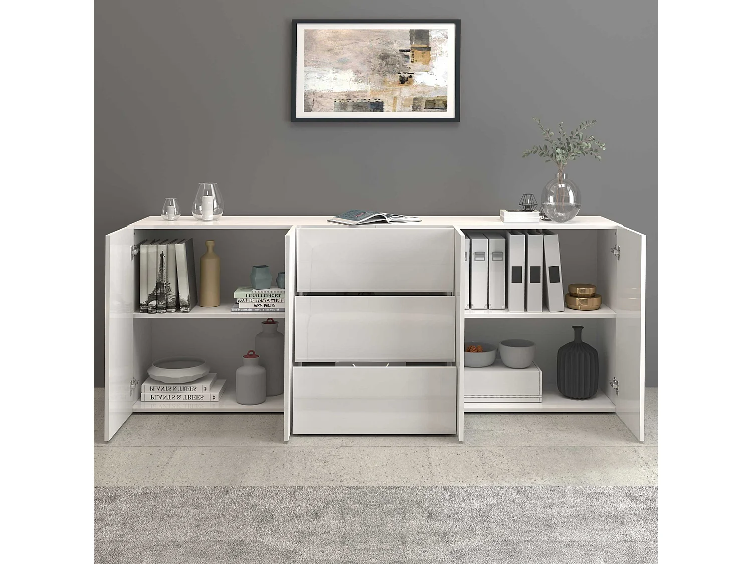 Credenza Egypt a 4 ante e 3 cassetti bianco lucido 200x40x80 cm