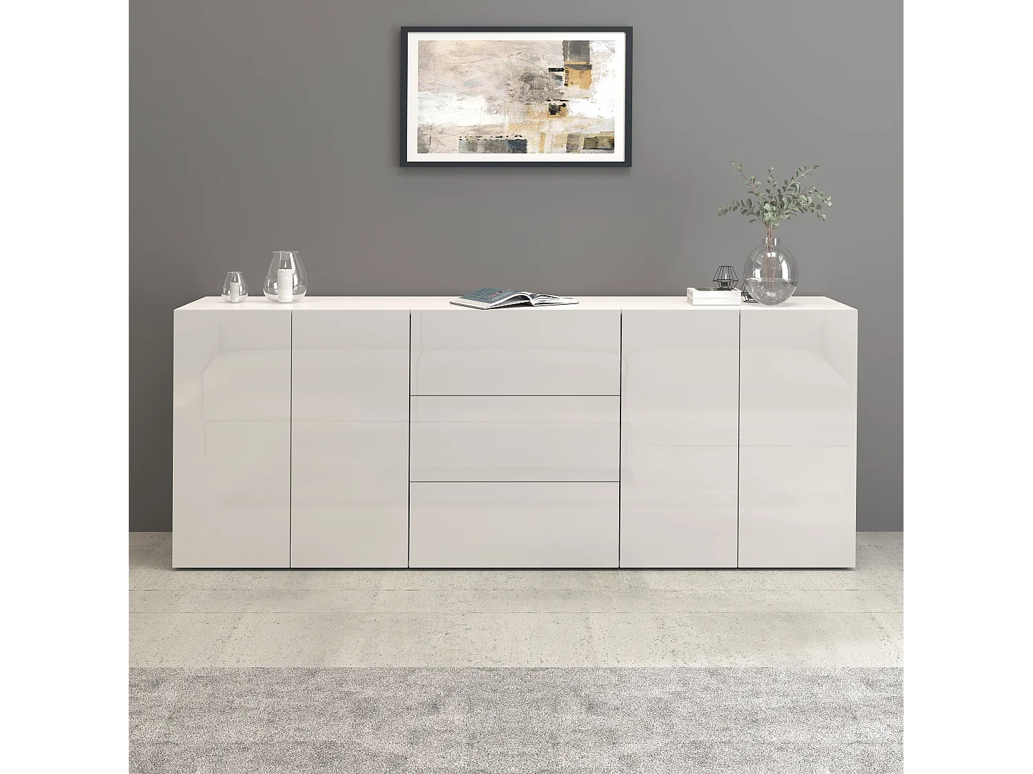 Aparador Egypt con 4 puertas y 3 cajones blanco brillo 200x40x80 cm
