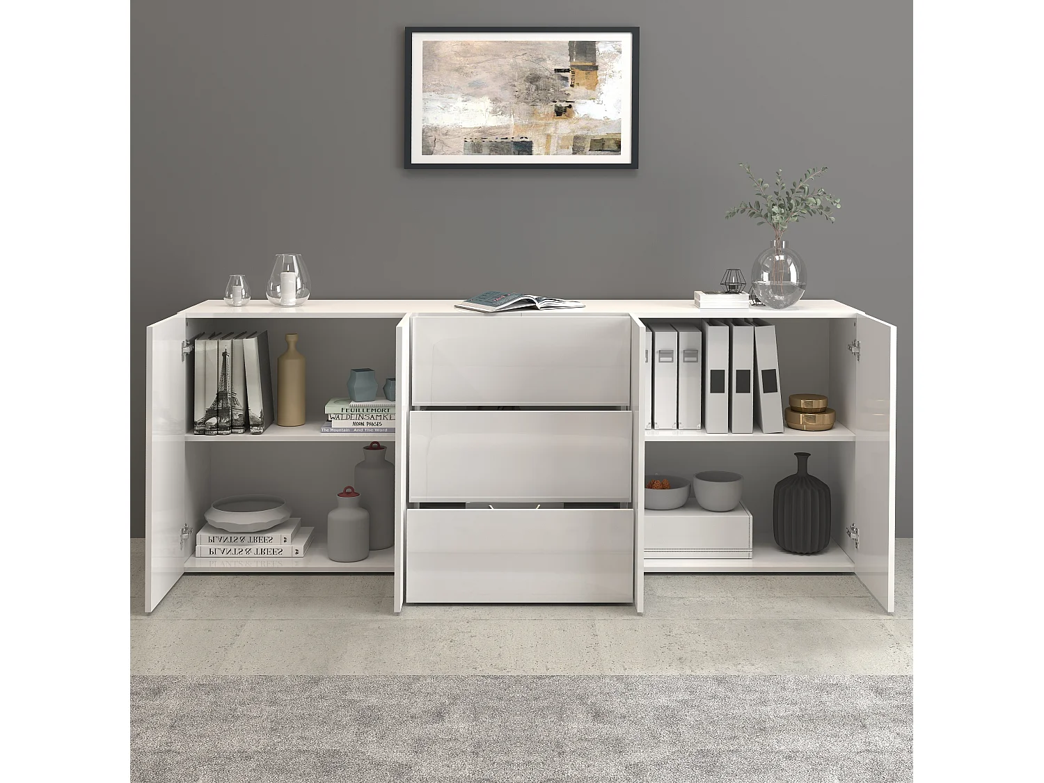 Aparador Egypt con 4 puertas y 3 cajones blanco brillo 200x40x80 cm