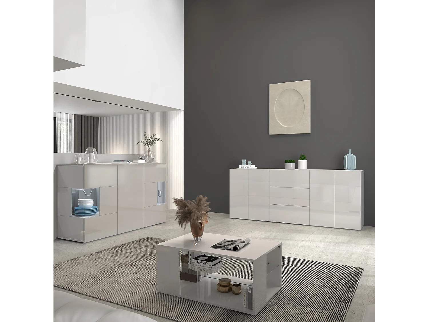 Aparador Egypt con 4 puertas y 3 cajones blanco brillo 200x40x80 cm