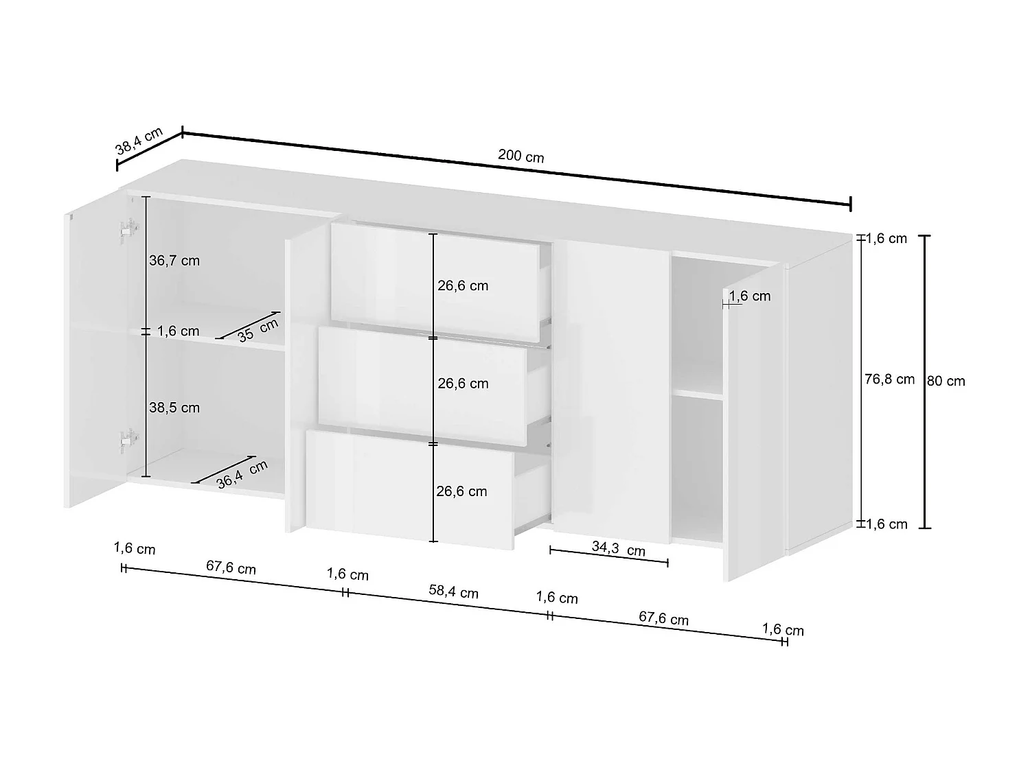 Aparador Egypt con 4 puertas y 3 cajones blanco brillo 200x40x80 cm
