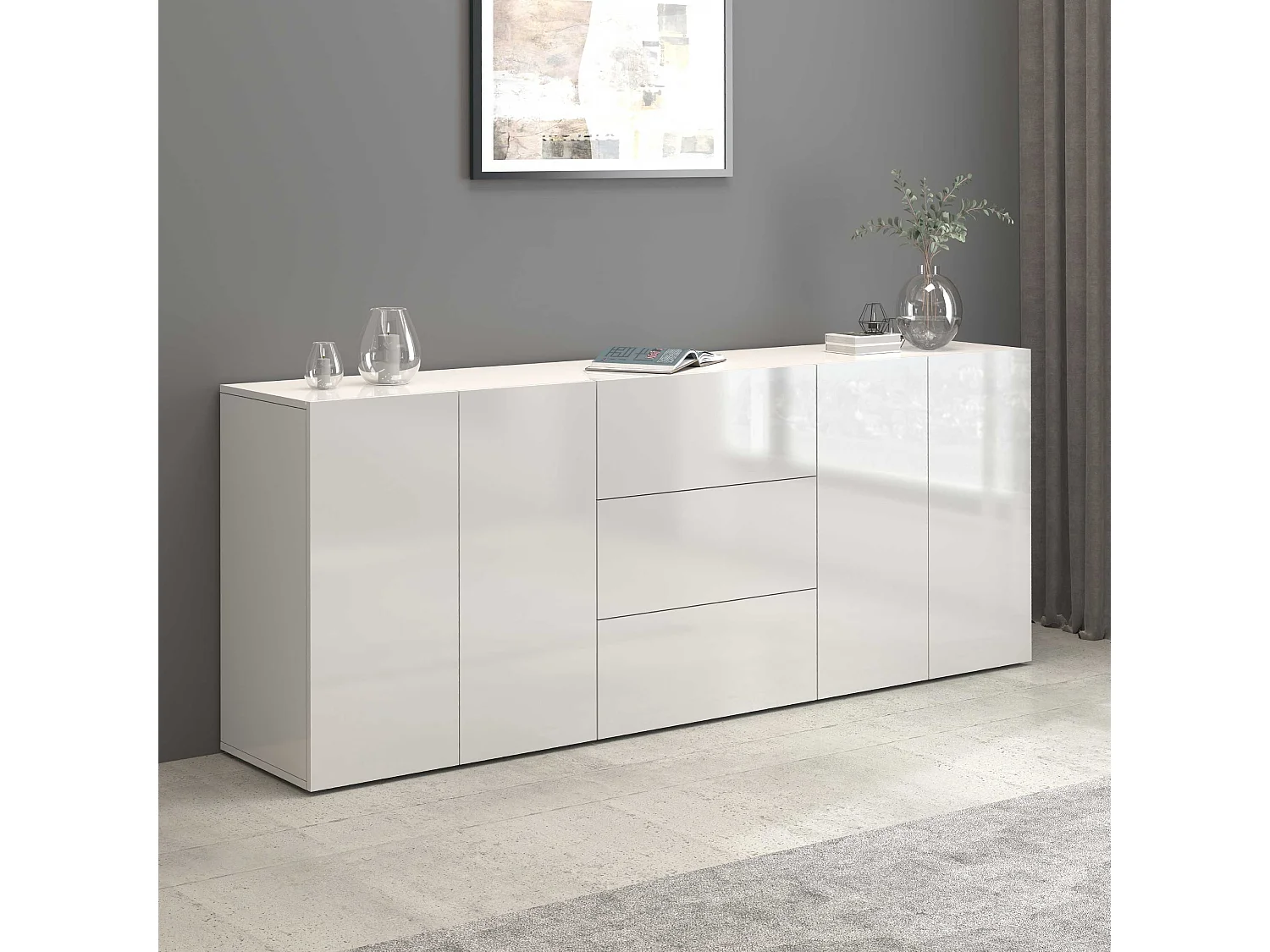 Aparador Egypt con 4 puertas y 3 cajones blanco brillo 200x40x80 cm