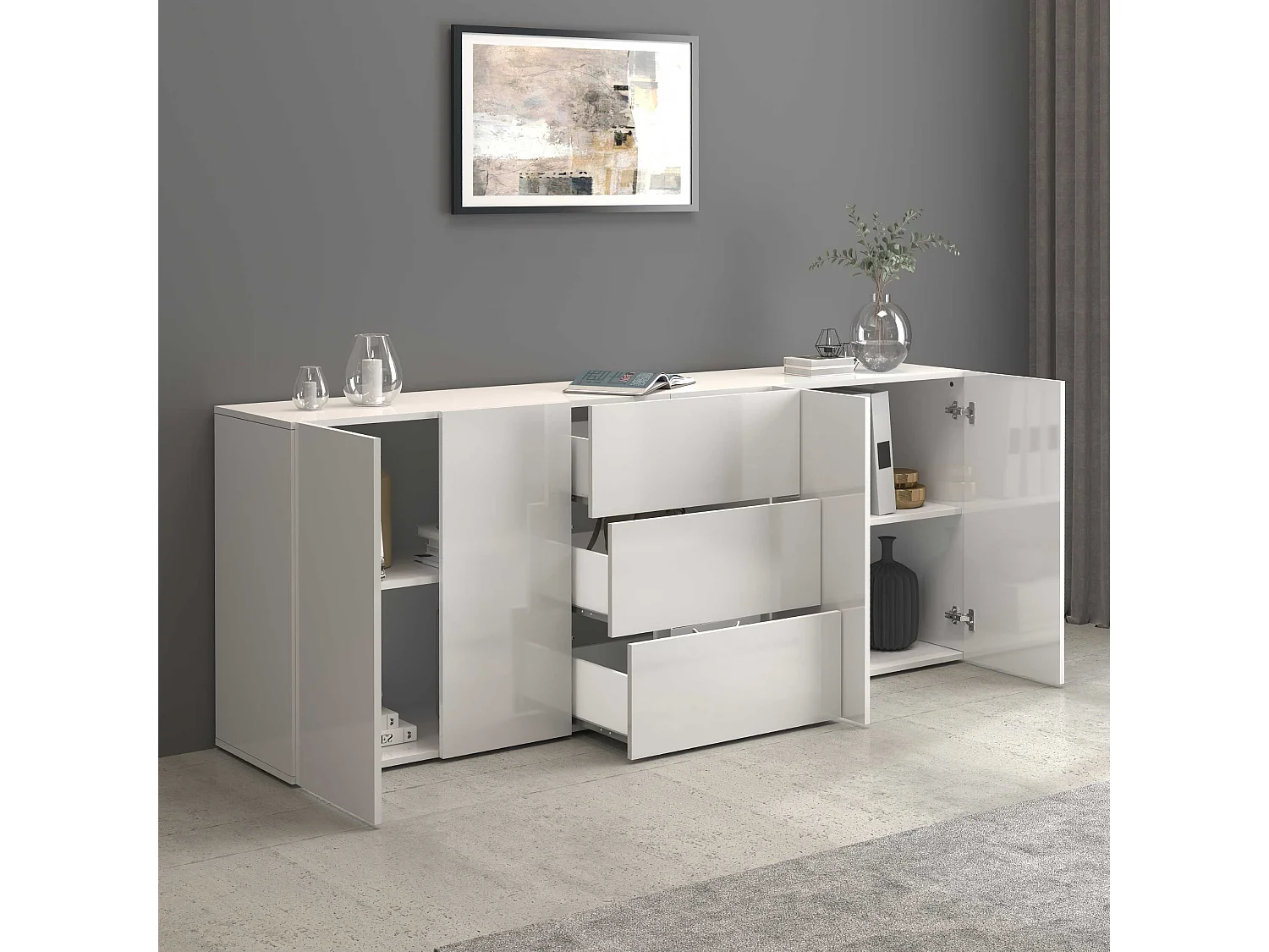 Aparador Egypt con 4 puertas y 3 cajones blanco brillo 200x40x80 cm
