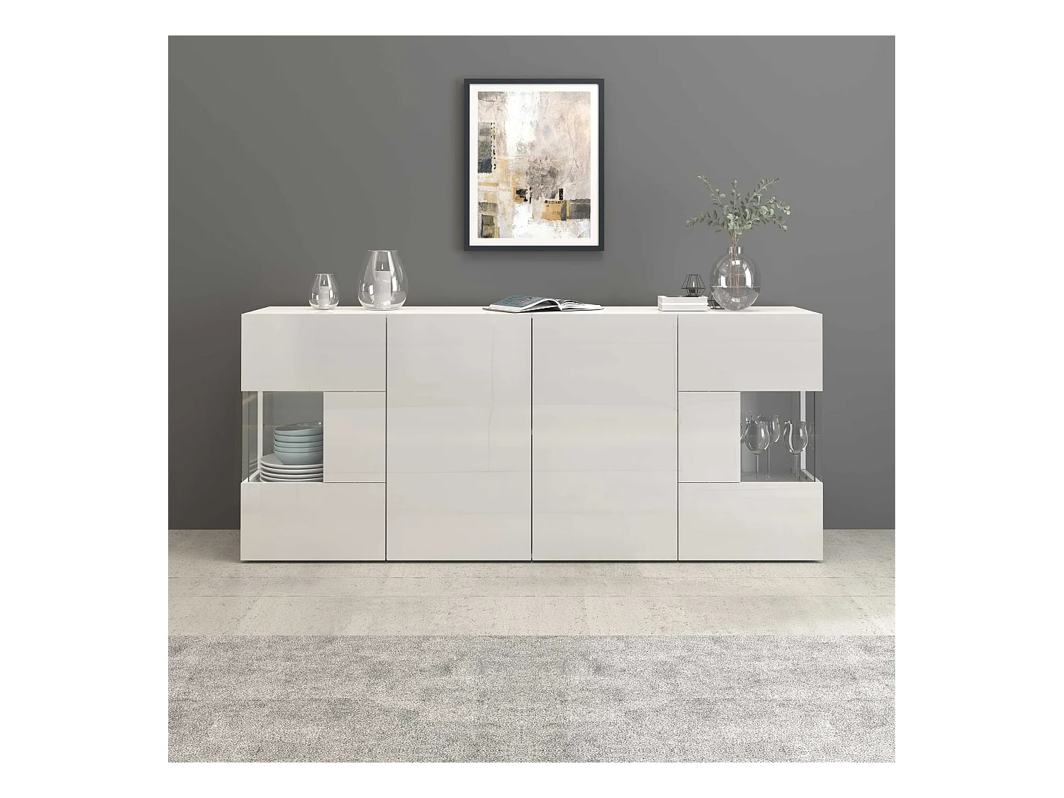 Credenza Egypt a 4 ante con inserti in vetro espositivi bianco lucido 180x40x80 cm